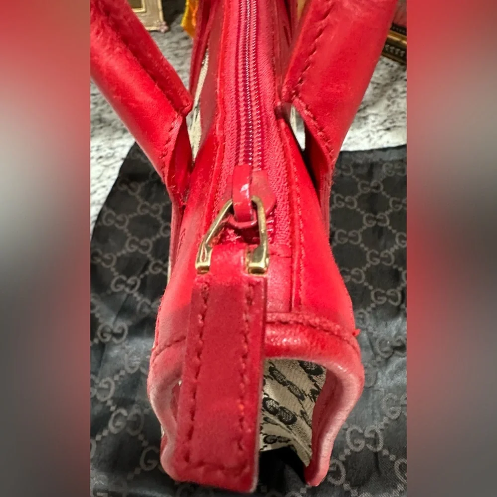 6 HOUR SALE -GUCCI MONOGRAM CANVAS MINI BAG W Red LEATHER DUAL HANDLES - Picture 13 of 15